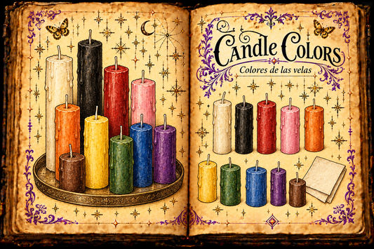 Open aged-parchment grimoire titled Candle Colors and Colores de las velas, with unlit colored candles and folded paper illustrated in ink and watercolor.