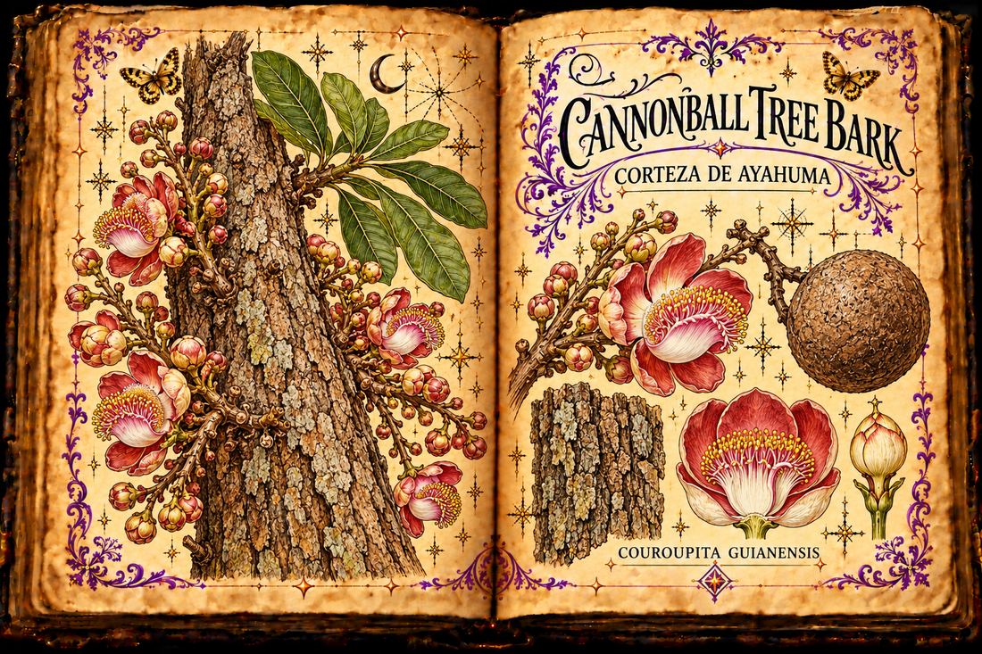 Open aged-parchment grimoire illustration of cannonball tree bark, trunk-borne flowers, leaves, and round fruit, titled Cannonball Tree Bark / Corteza de Ayahuma.