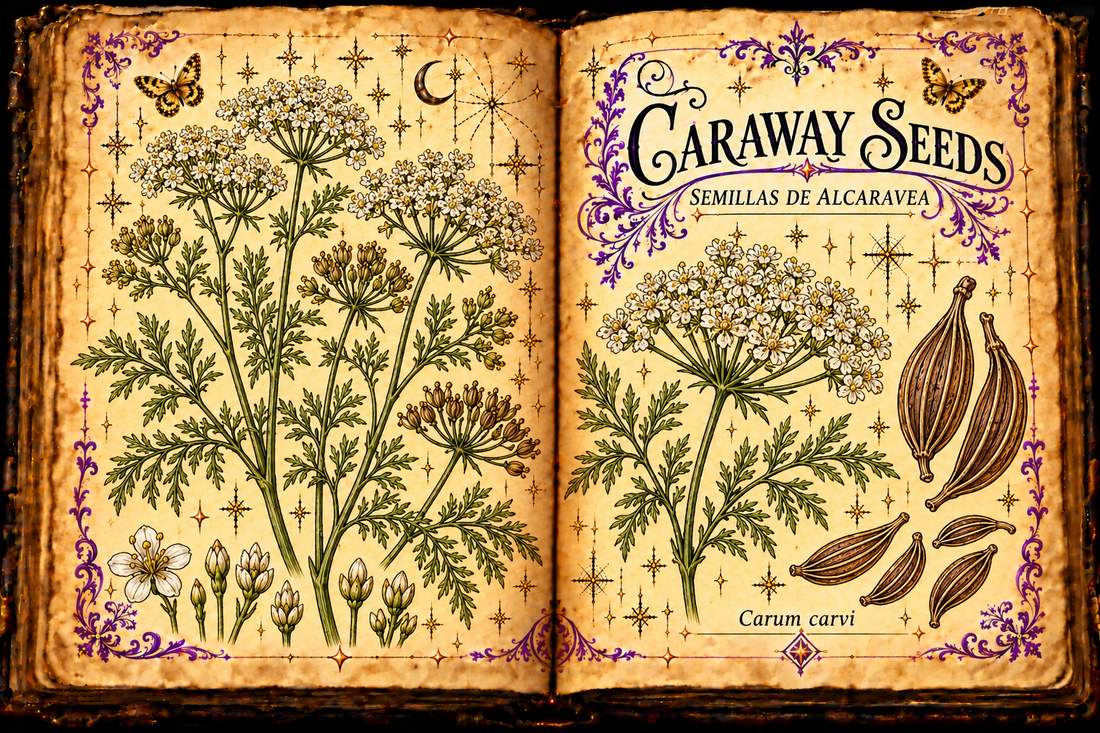 Open aged-parchment grimoire with ink and muted watercolor studies of Carum carvi, finely divided leaves, white umbels and ribbed brown fruits, purple flourishes and gold butterflies, titled Caraway Seeds and Semillas de Alcaravea