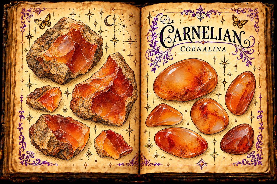 Carnelian (Cornalina) shown as orange-red chalcedony nodules and tumbled stones in an aged open-grimoire illustration.