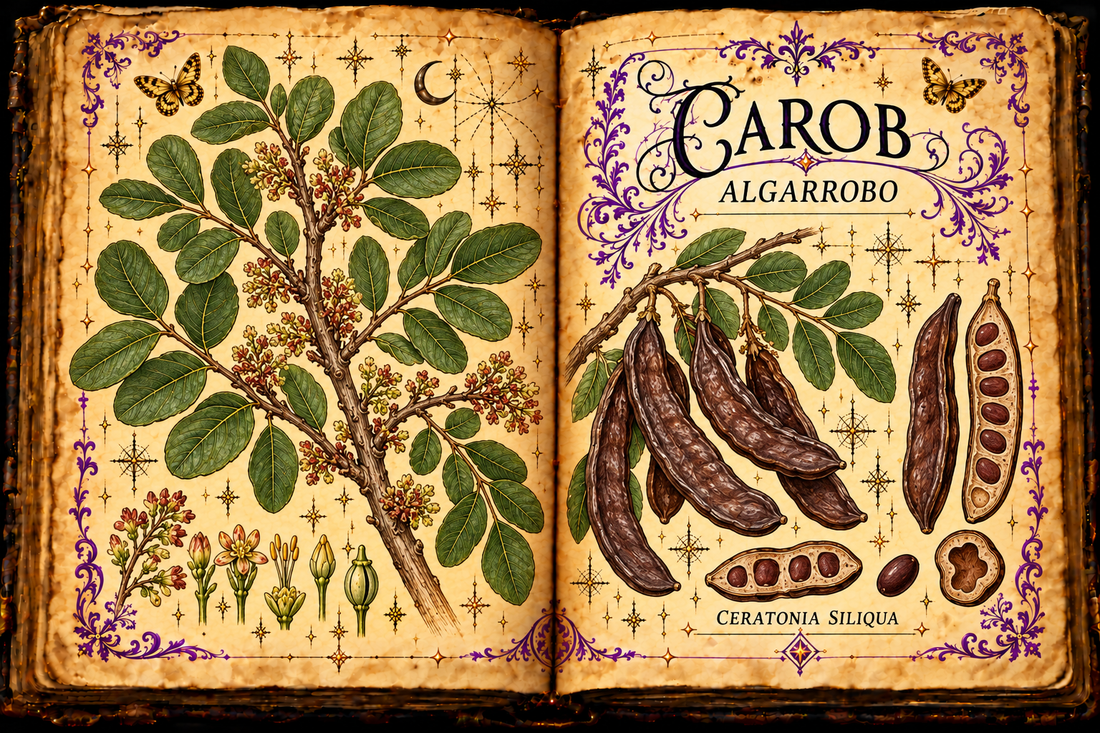 Open aged-parchment grimoire with hand-drawn Ceratonia siliqua leaves, flowers, and dark carob pods, purple flourishes and gold butterflies, titled Carob and Algarrobo