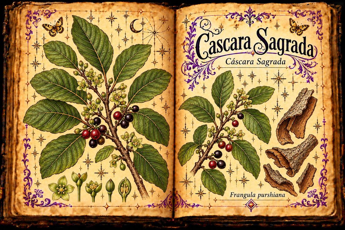 Open aged-parchment grimoire illustration of Frangula purshiana, with accurate botanical studies, purple flourishes and gold butterflies, titled Cascara Sagrada and Cáscara Sagrada.