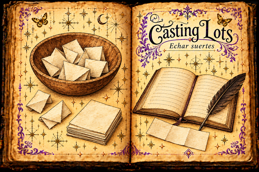 Open aged-parchment grimoire titled Casting Lots / Echar suertes, with ink-and-watercolor studies of folded paper slips in a wooden bowl and a journal with a quill, purple flourishes and small gold butterflies.