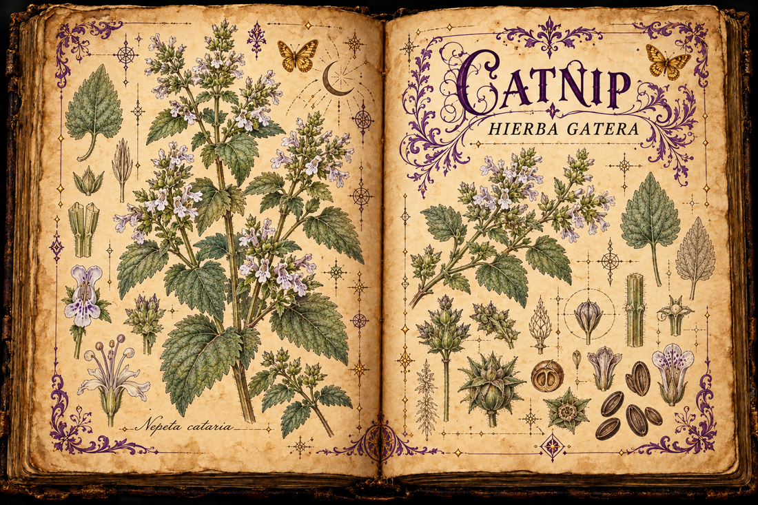 Open aged-parchment grimoire with hand-drawn Nepeta cataria stems, gray-green leaves, pale flowers, purple flourishes, and gold butterflies, titled Catnip and Hierba Gatera