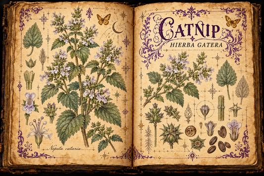 Open aged-parchment grimoire with hand-drawn Nepeta cataria stems, gray-green leaves, pale flowers, purple flourishes, and gold butterflies, titled Catnip and Hierba Gatera