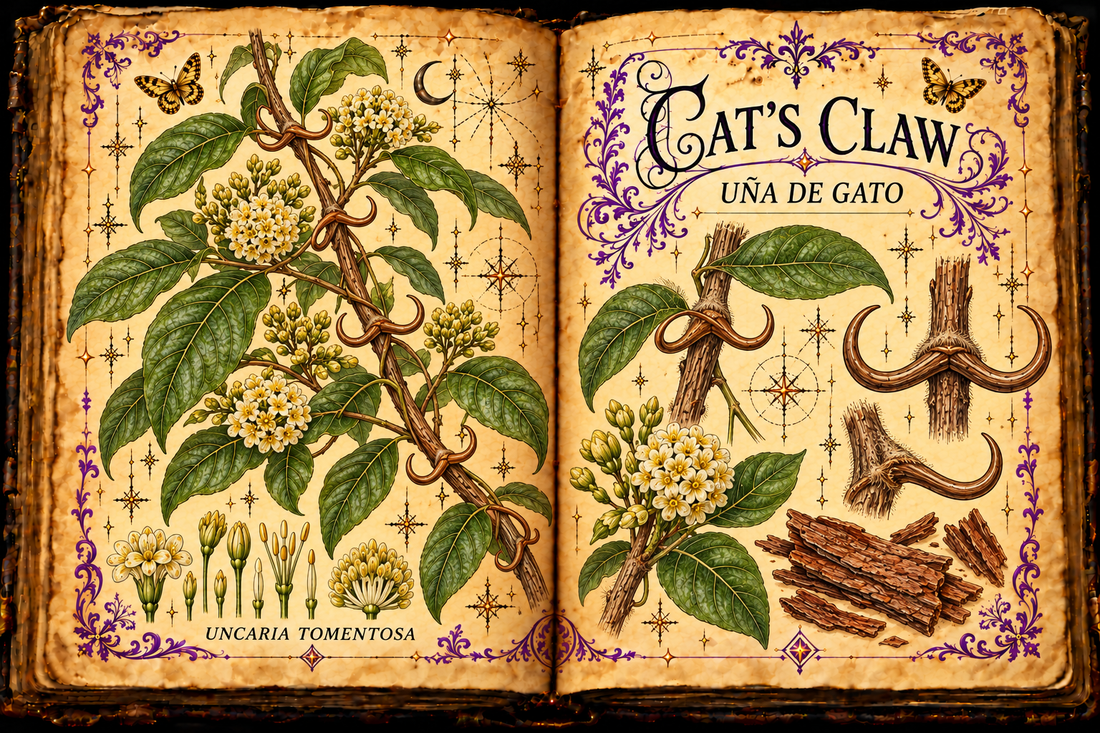 Open aged-parchment grimoire with hand-drawn Uncaria tomentosa vine, opposite leaves, hooked thorns, round flower heads and bark pieces, purple flourishes and gold butterflies, titled Cat’s Claw and Uña de Gato