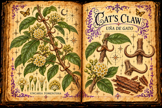Open aged-parchment grimoire with hand-drawn Uncaria tomentosa vine, opposite leaves, hooked thorns, round flower heads and bark pieces, purple flourishes and gold butterflies, titled Cat’s Claw and Uña de Gato