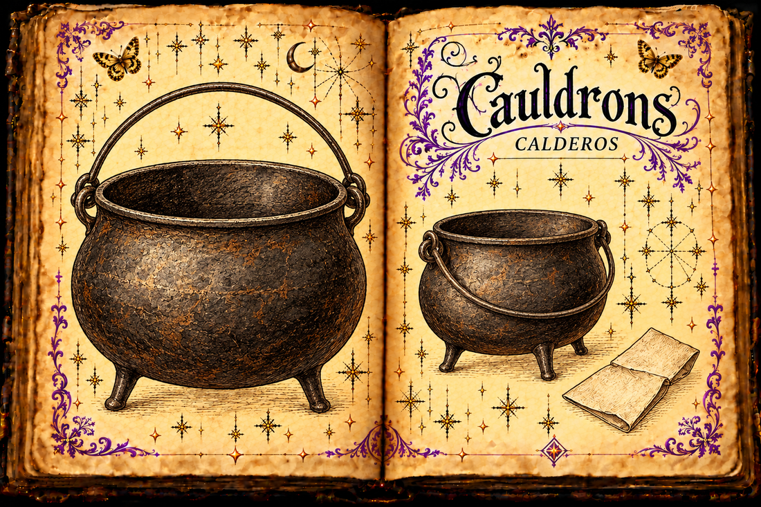 Open aged-parchment grimoire illustrating two empty iron cauldrons and folded paper, with Cauldrons and Calderos titles, purple flourishes and gold butterflies.