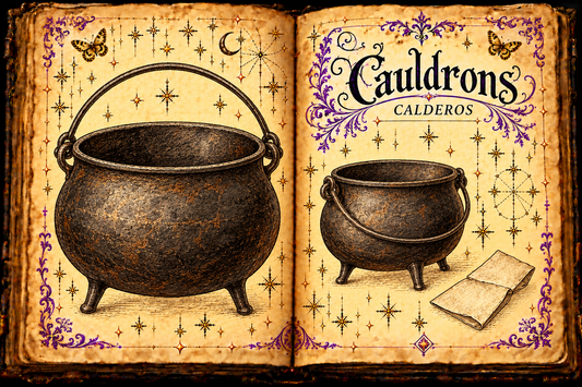 Open aged-parchment grimoire illustrating two empty iron cauldrons and folded paper, with Cauldrons and Calderos titles, purple flourishes and gold butterflies.
