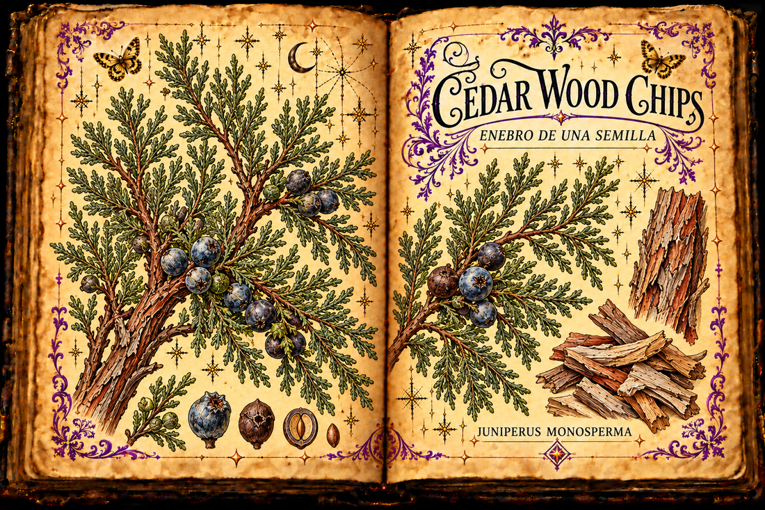 Open aged-parchment grimoire with hand-drawn Juniperus monosperma scale foliage, fibrous bark, berry-like cones and wood chips, purple flourishes and gold butterflies, titled Cedar Wood Chips and Enebro de Una Semilla