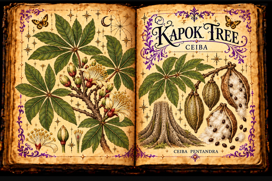 Open aged grimoire botanical illustration of Ceiba pentandra, with palmate leaves, flowers, kapok capsules and seeds