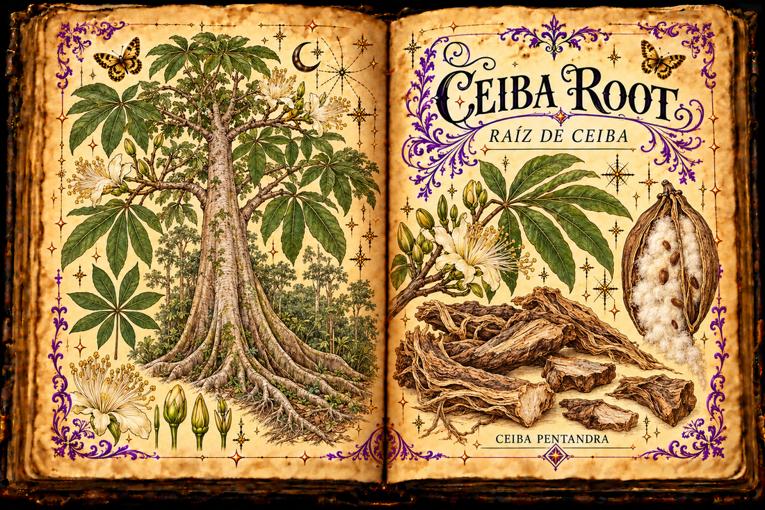 Open aged-parchment grimoire illustration of Ceiba Root / Raíz de Ceiba (Ceiba pentandra), showing buttress roots, cut root, palmate leaves, flowers and kapok fruit.