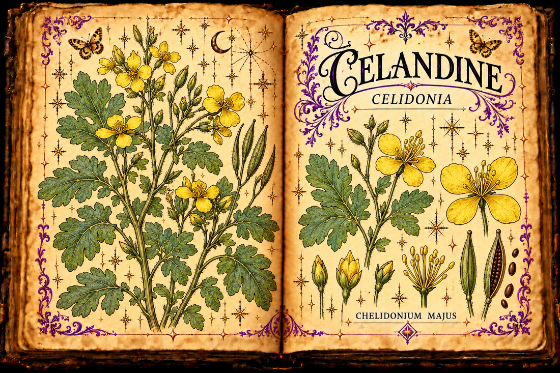 Open aged-parchment grimoire with hand-drawn Chelidonium majus four-petaled yellow flowers, divided leaves and slender capsules, purple flourishes and gold butterflies, titled Celandine and Celidonia