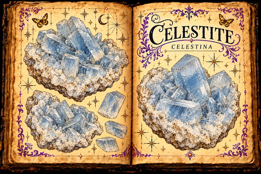 Celestite (Celestina) shown as pale blue celestine crystal clusters and loose unworked pieces in an aged open-grimoire illustration.