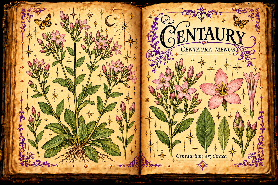 Open aged-parchment grimoire with hand-drawn Centaurium erythraea basal rosette, opposite smooth leaves, branching pink five-lobed flowers and flower studies, purple flourishes and gold butterflies, titled Centaury and Centaura Menor