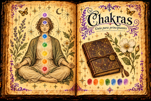 Open aged-parchment grimoire titled Chakras and Guía para principiantes, with a seated figure, symbolic colored centers and a journal in ink and watercolor.