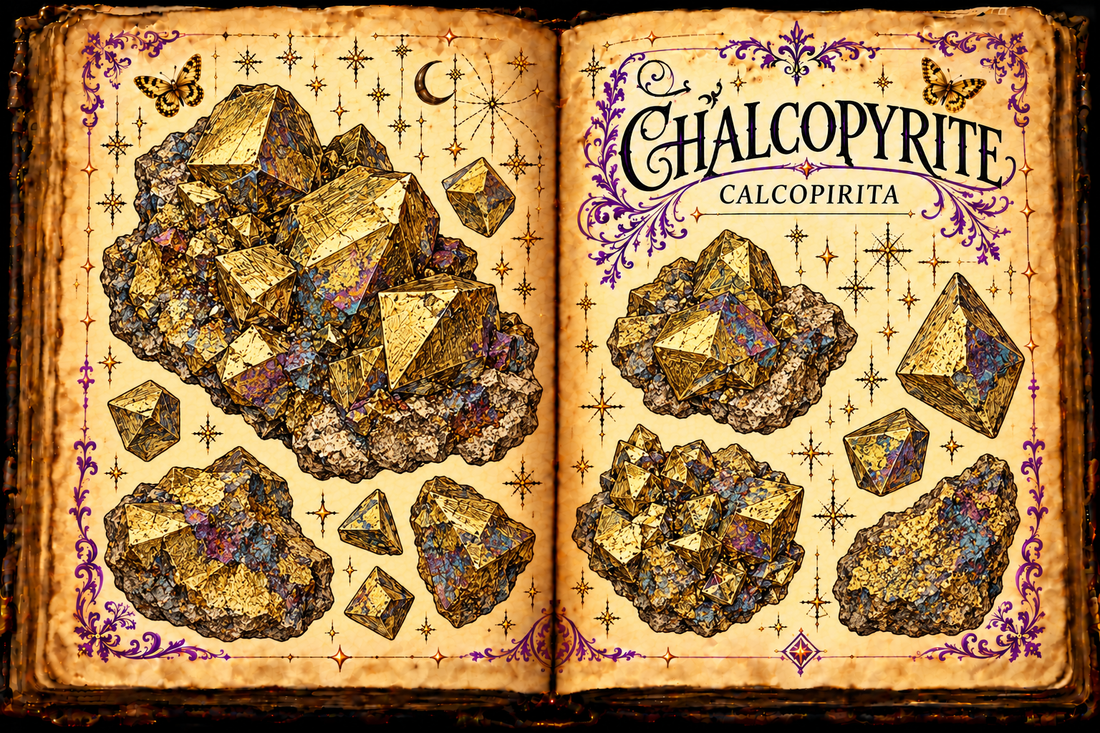 Chalcopyrite (Calcopirita) shown as brass-yellow copper iron sulfide crystals with subtle iridescent tarnish in an aged open-grimoire illustration.