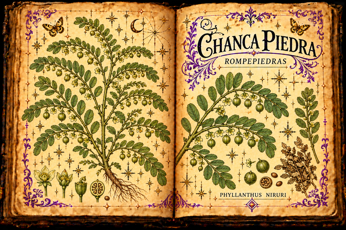 Open aged-parchment grimoire with hand-drawn Phyllanthus niruri branchlets, tiny leaves, flowers and round capsules, purple flourishes and gold butterflies, titled Chanca Piedra and Rompepiedras