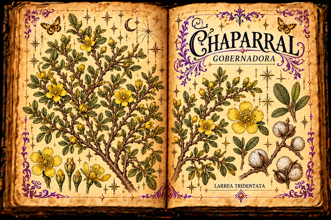 Open aged-parchment grimoire with hand-drawn Larrea tridentata branches, paired resinous leaves, yellow flowers, fuzzy fruits, purple flourishes and gold butterflies, titled Chaparral and Gobernadora
