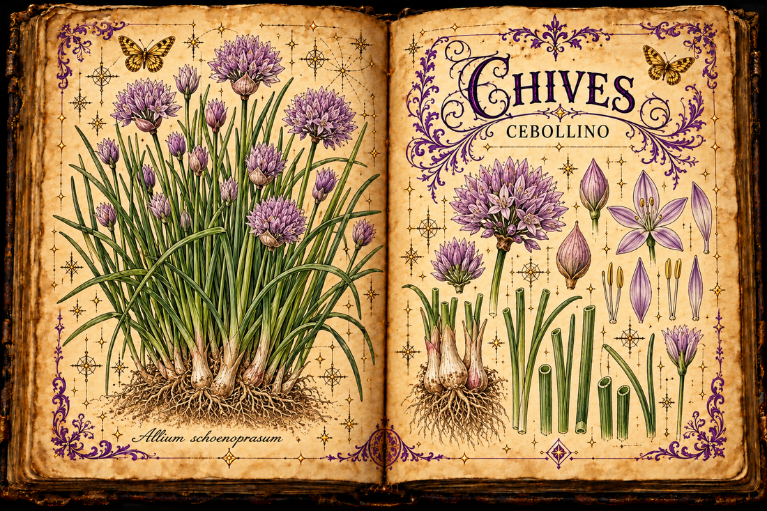 Open aged-parchment grimoire with hand-drawn Allium schoenoprasum clumps, hollow green leaves, violet globe flowers, botanical details, purple flourishes, and gold butterflies, titled Chives and Cebollino