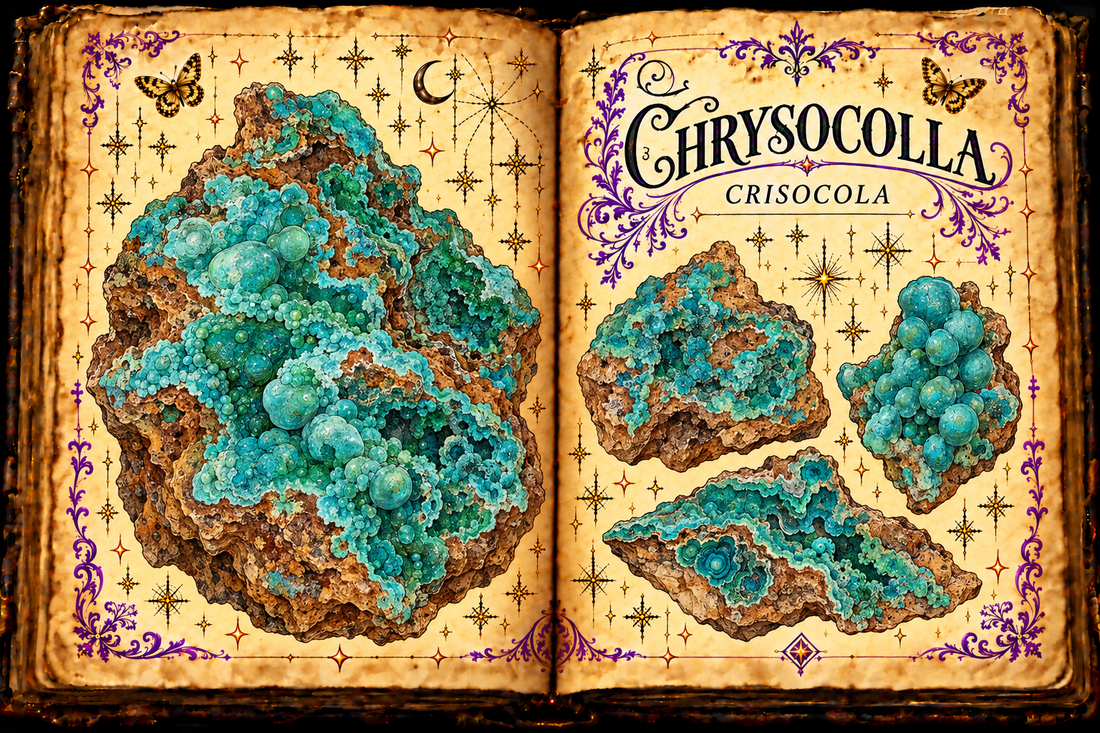 Chrysocolla (Crisocola) shown as blue-green botryoidal copper-rich material on rock matrix in an aged open-grimoire illustration.