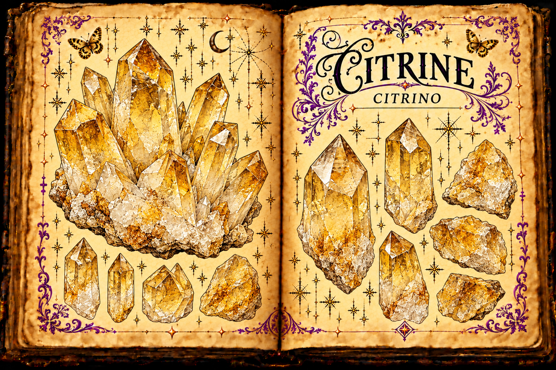 Citrine (Citrino) shown as pale yellow to honey quartz points and rough pieces in an aged open-grimoire illustration.