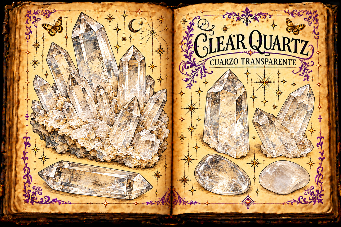 Open aged-parchment grimoire with ink-and-watercolor studies of transparent clear quartz crystals, a cluster and tumbled stones, titled Clear Quartz and Cuarzo Transparente.