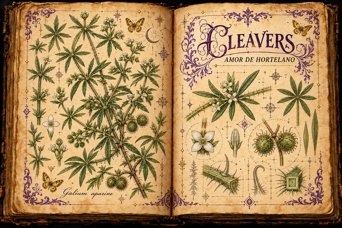 Open aged-parchment grimoire with hand-drawn Galium aparine stems, leaf whorls, white flowers, bristly fruits, purple flourishes, and gold butterflies, titled Cleavers and Amor de Hortelano