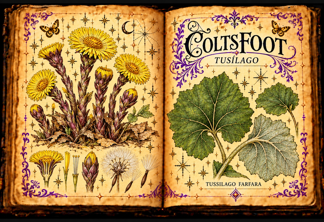 Open aged-parchment grimoire with hand-drawn Tussilago farfara yellow flowers, scaly stems, hoof-shaped leaves, purple flourishes and gold butterflies, titled Coltsfoot and Tusílago