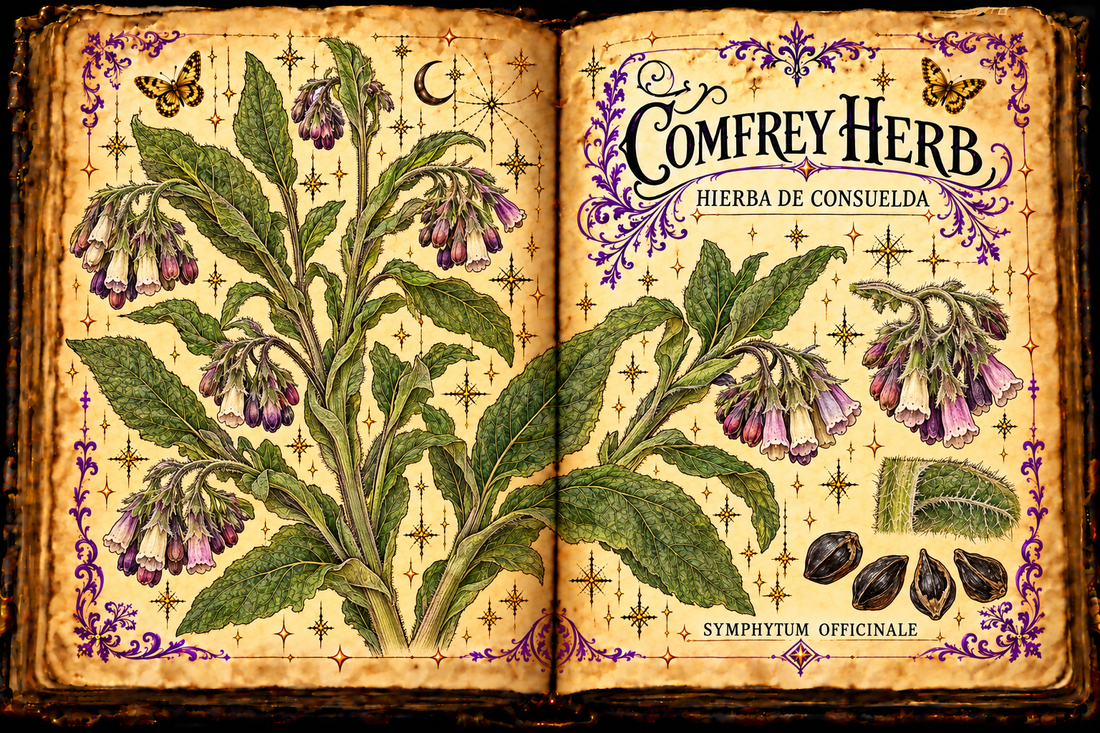 Open aged-parchment grimoire illustration of common comfrey leaves, stems, nodding flowers, leaf hairs, and nutlets, titled Comfrey Herb / Hierba de Consuelda.