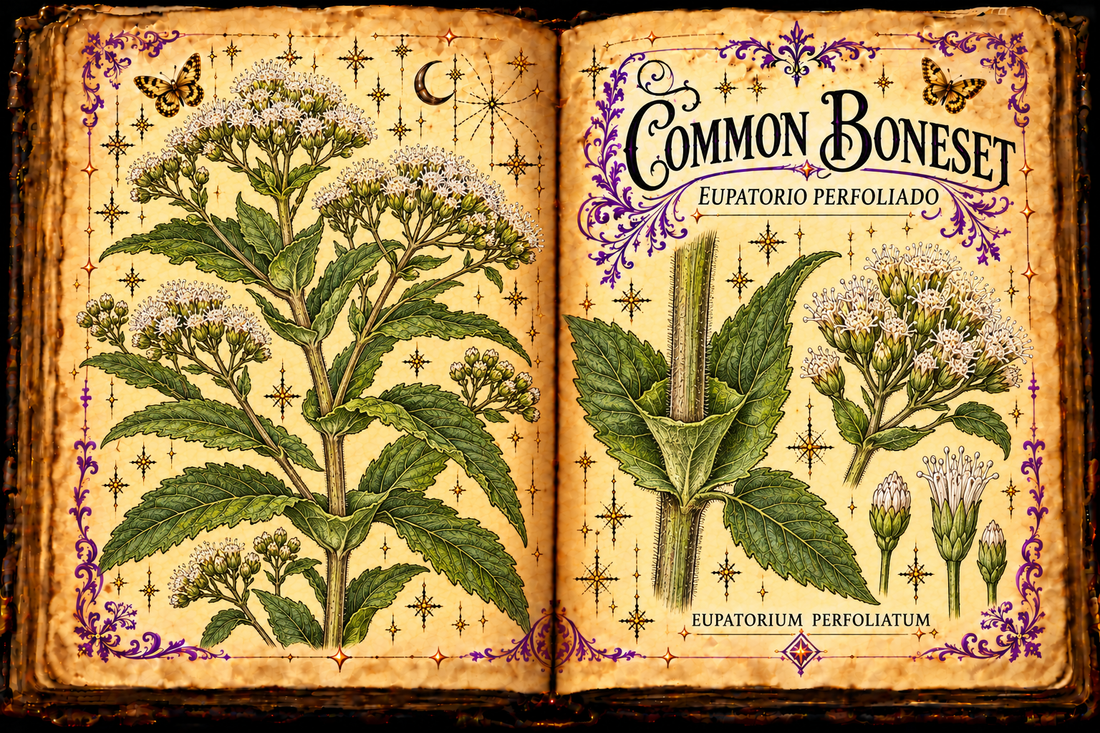 Open aged-parchment Book of Shadows with hand-drawn common boneset botanical studies, English and Spanish titles, purple flourishes, and gold butterflies.