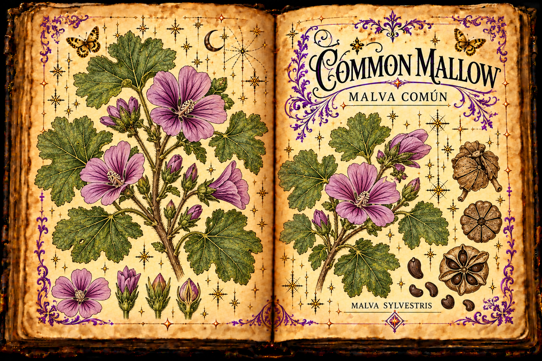 Hand-drawn open grimoire botanical study of Common Mallow / Malva Común, Malva sylvestris