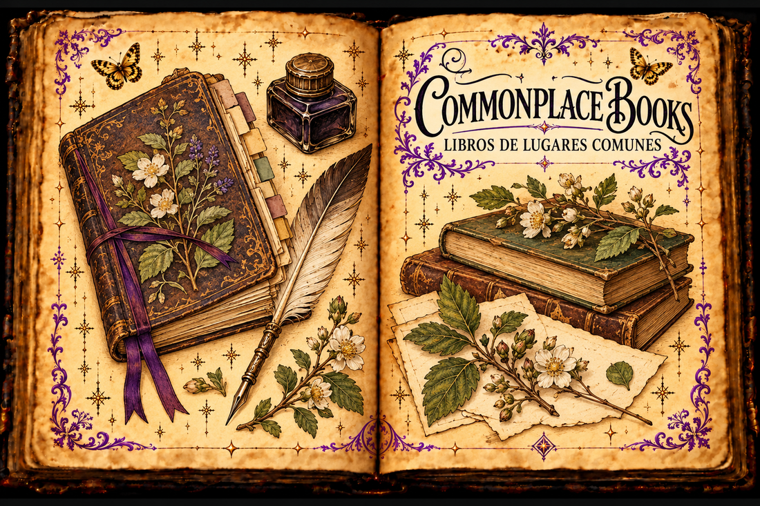 Open aged-parchment grimoire illustration for Commonplace Books / Libros de lugares comunes, with indexed notebook pages, source notes, a quill, ribbon markers, purple flourishes, and gold butterflies