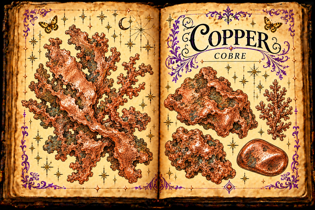 Open aged-parchment grimoire with ink and watercolor studies of native copper specimens and a polished copper tumble, titled Copper and Cobre.