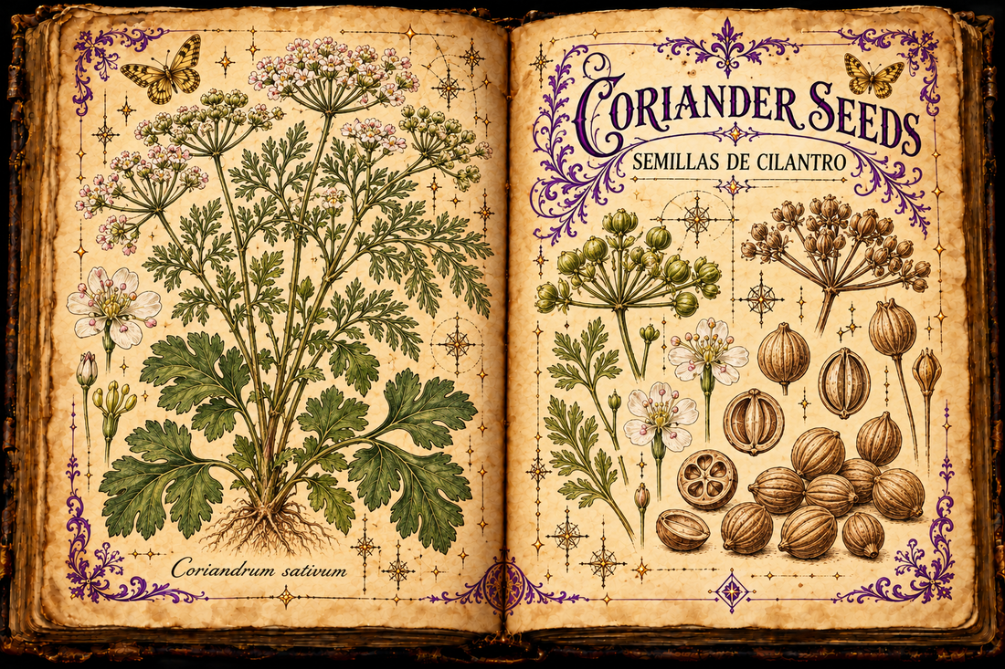 Open aged-parchment grimoire with hand-drawn Coriandrum sativum, white umbels, divided leaves, round ribbed fruits, purple flourishes, and gold butterflies, titled Coriander Seeds and Semillas de Cilantro