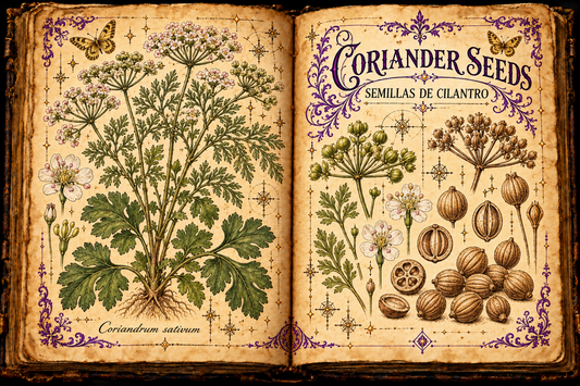 Open aged-parchment grimoire with hand-drawn Coriandrum sativum, white umbels, divided leaves, round ribbed fruits, purple flourishes, and gold butterflies, titled Coriander Seeds and Semillas de Cilantro