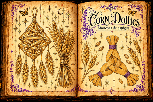 Open parchment grimoire with a woven straw harvest ornament, wheat sheaf and paper plait; English Corn Dollies and Spanish Muñecas de espigas titles, purple flourishes and gold butterflies.