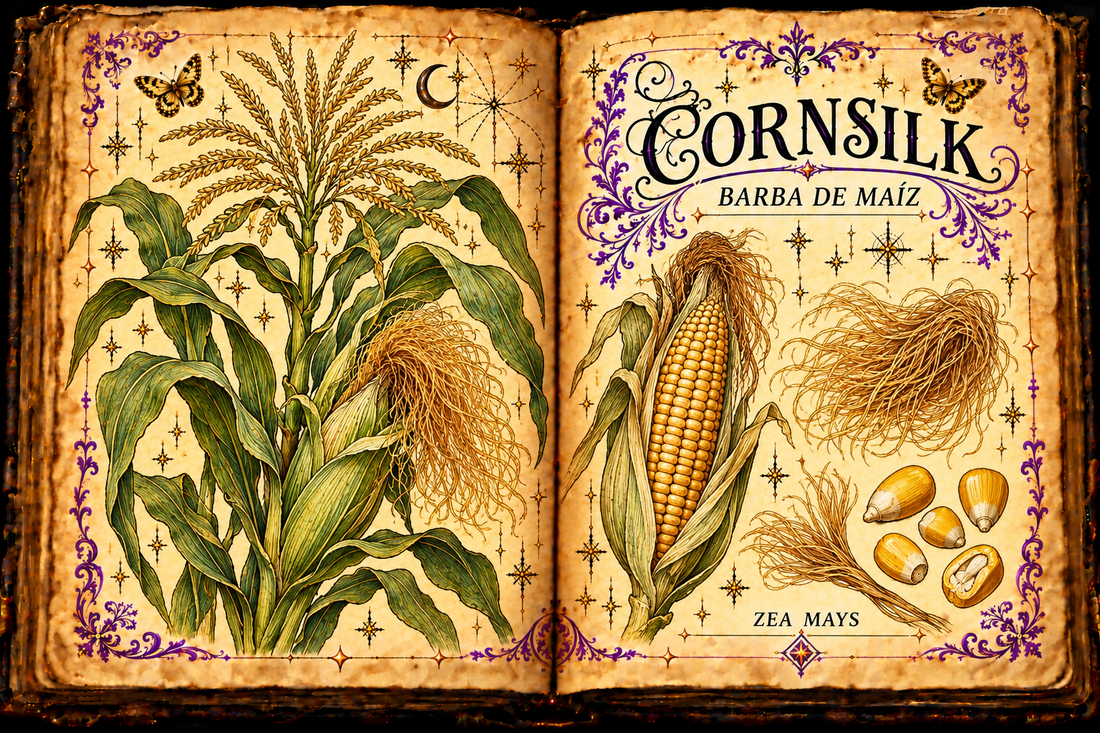 Open aged-parchment grimoire with hand-drawn Zea mays stalk, tassel, ear, kernels and abundant golden-brown silk, purple flourishes and gold butterflies, titled Cornsilk and Barba de Maíz