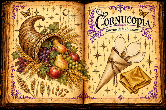 Open aged grimoire with a horn-shaped basket of fruit and grain beside a paper cone holding three paper leaves, titled Cornucopia and Cuerno de la abundancia.
