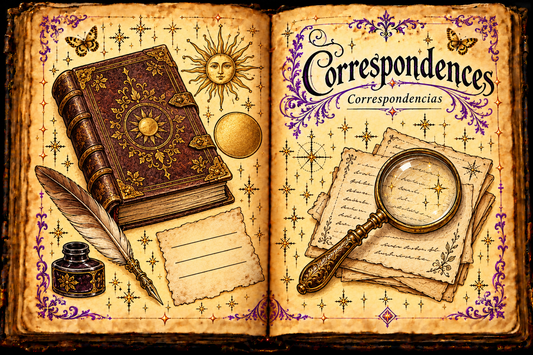 Open aged-parchment grimoire titled Correspondences / Correspondencias, with ink-and-watercolor studies of a book, sun, gold-colored disc, quill and magnifying glass, framed by purple flourishes and gold butterflies.