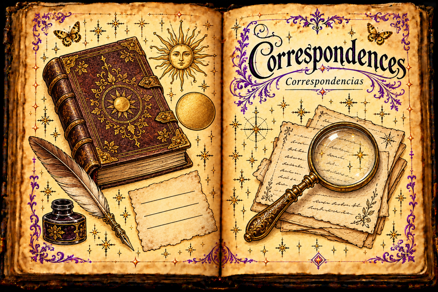Open aged-parchment grimoire titled Correspondences / Correspondencias, with ink-and-watercolor studies of a book, sun, gold-colored disc, quill and magnifying glass, framed by purple flourishes and gold butterflies.