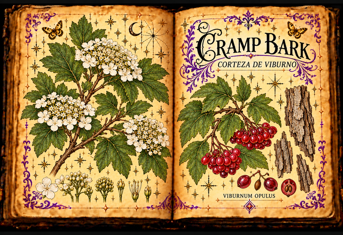 Open aged-parchment grimoire with hand-drawn Viburnum opulus flowers, lobed leaves, red berries and bark, purple flourishes and gold butterflies, titled Cramp Bark and Corteza de Viburno