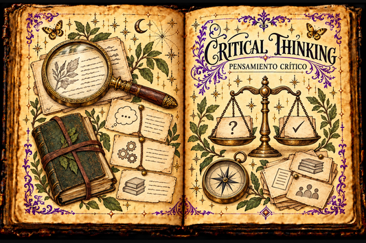 Open aged-parchment grimoire titled Critical Thinking and Pensamiento Crítico, with a magnifying glass, notebook, linked evidence cards, balance scale, compass, source cards, purple flourishes and gold butterflies.
