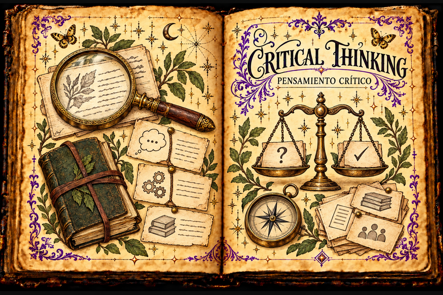 Open aged-parchment grimoire titled Critical Thinking and Pensamiento Crítico, with a magnifying glass, notebook, linked evidence cards, balance scale, compass, source cards, purple flourishes and gold butterflies.