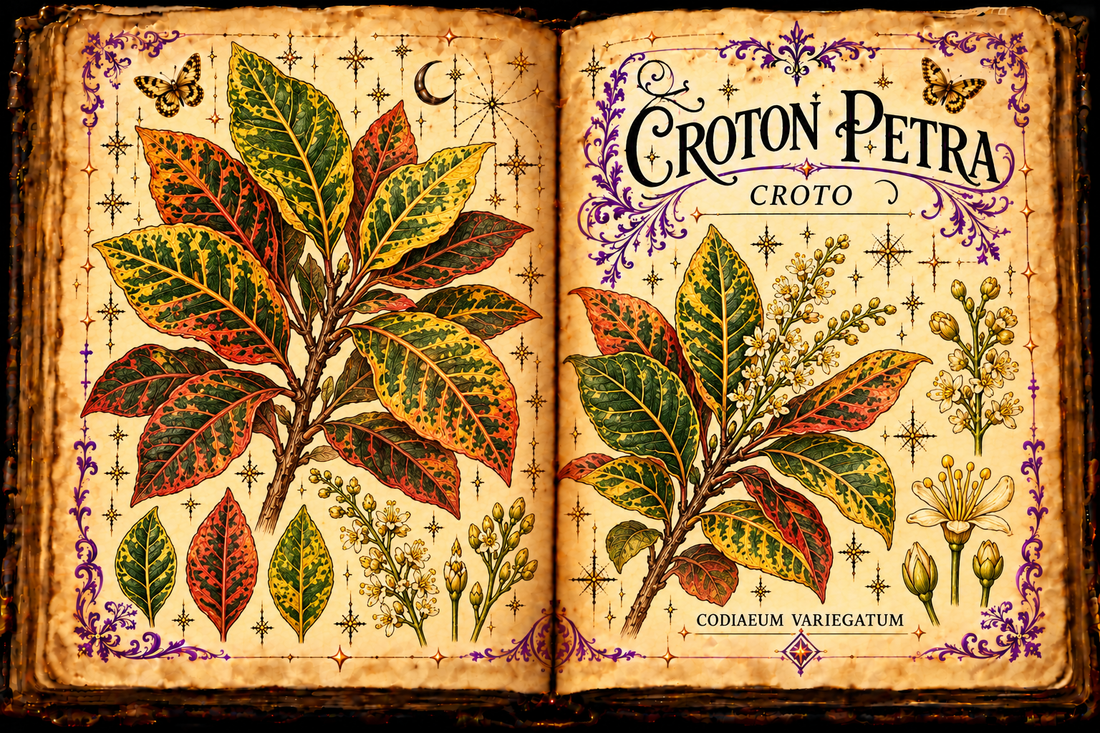 Open aged-parchment grimoire with hand-drawn Codiaeum variegatum Petra leaves in green, gold, orange and red, flower racemes, purple flourishes and gold butterflies, titled Croton Petra and Croto