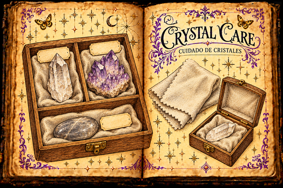 Open aged-parchment grimoire titled Crystal Care / Cuidado de cristales, with ink-and-watercolor mineral studies in separate padded compartments, a folded cloth, purple flourishes, and gold butterflies.