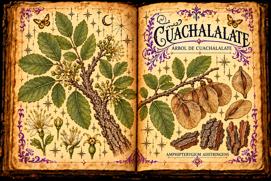 Open aged-parchment grimoire illustration of cuachalalate, Amphipterygium adstringens, showing bark, compound leaves, winged fruits, purple flourishes, and gold butterflies.