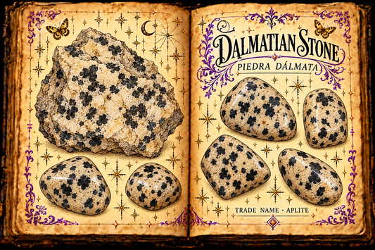 Open grimoire study of Dalmatian Stone, labeled Piedra Dálmata
