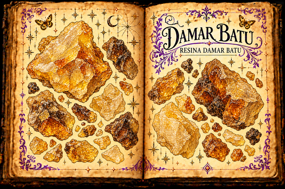 Open aged-parchment grimoire illustration of amber and brown Damar Batu resin pieces, with purple flourishes and gold butterflies
