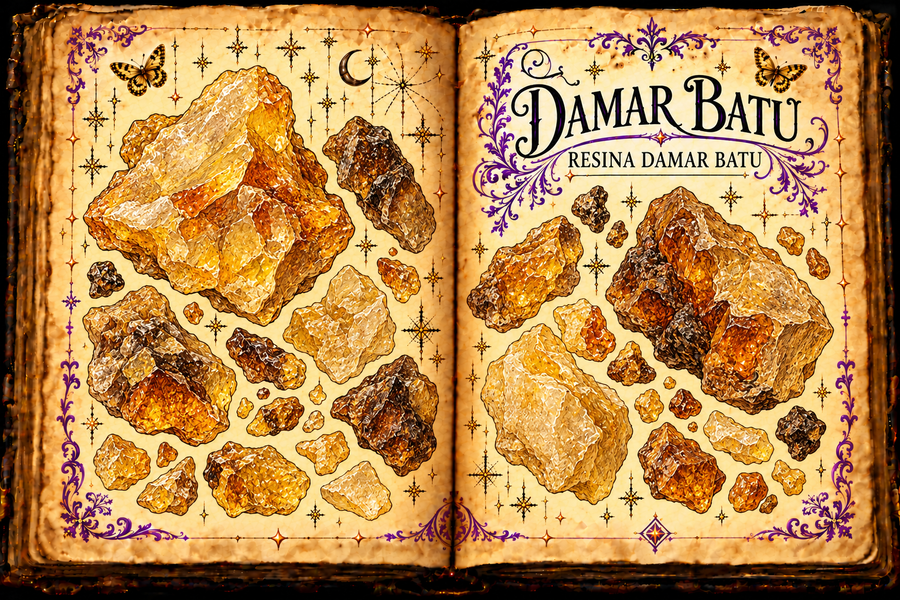 Open aged-parchment grimoire illustration of amber and brown Damar Batu resin pieces, with purple flourishes and gold butterflies